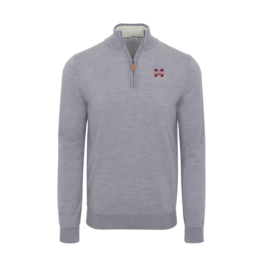 Mississippi State Grey Melange Cashmere Touch Australian Merino Quarter Zip Sweater