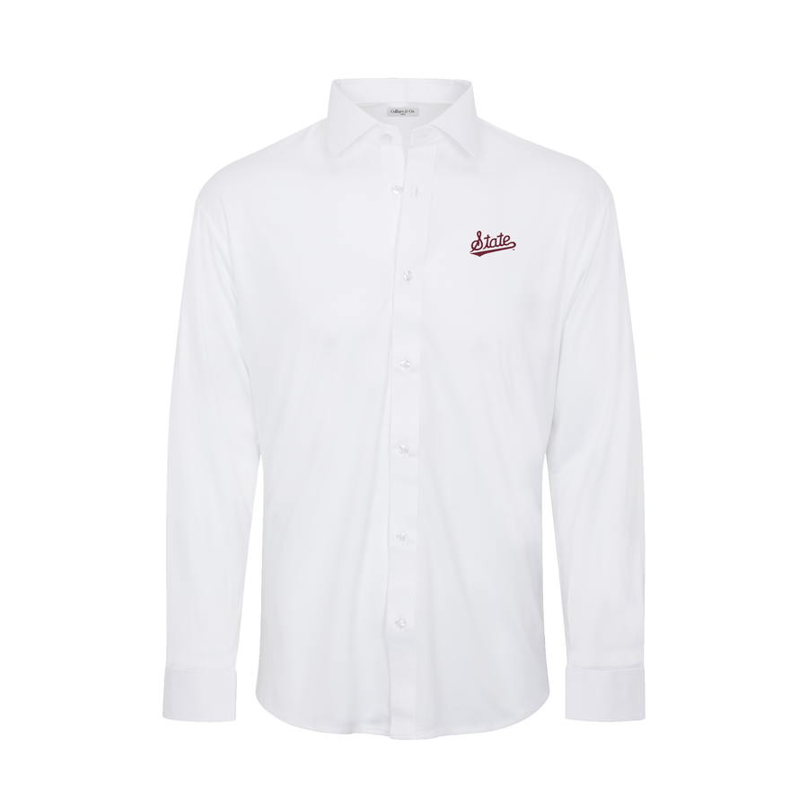 Mississippi State Quattro Flex Dress Shirt with Semi-Spread Collar White