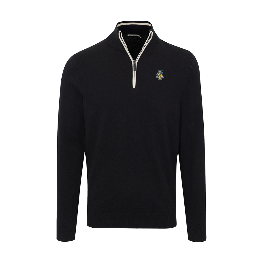 North Carolina A&T Black with White Trim Luxury Touch Cotton and Cashmere Quarter Zip Sweater