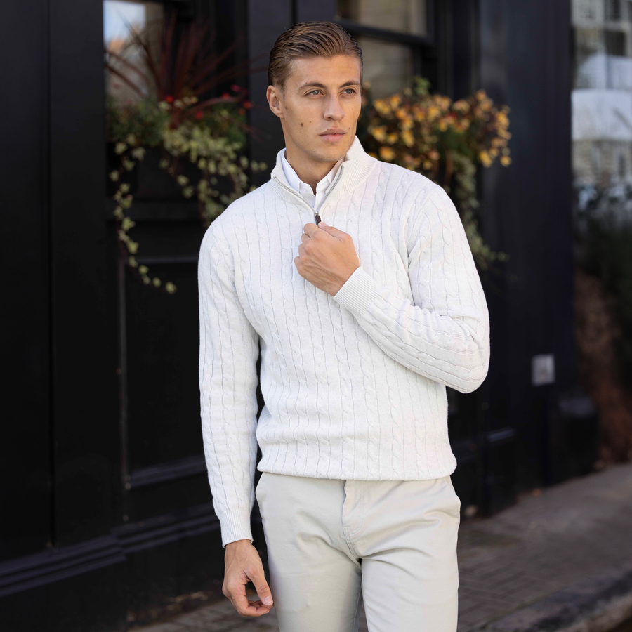 Cream Kensington Cable Knit Quarter Zip Sweater Collars Co