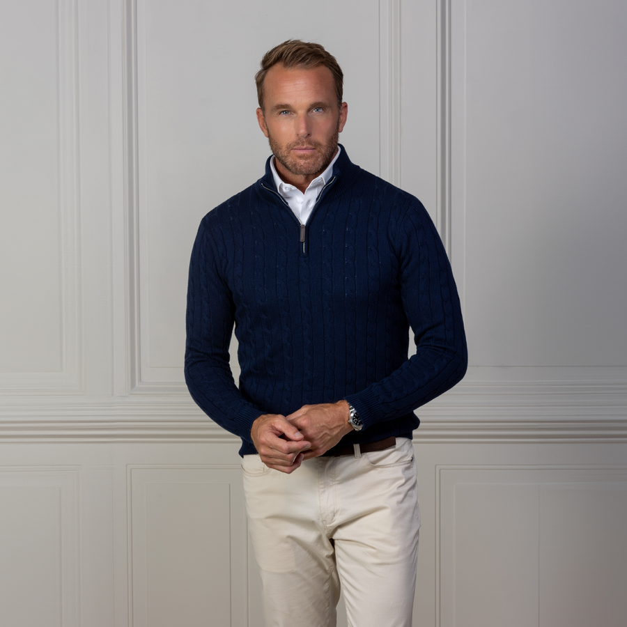 Navy Kensington Cable Knit Quarter Zip Sweater – Collars