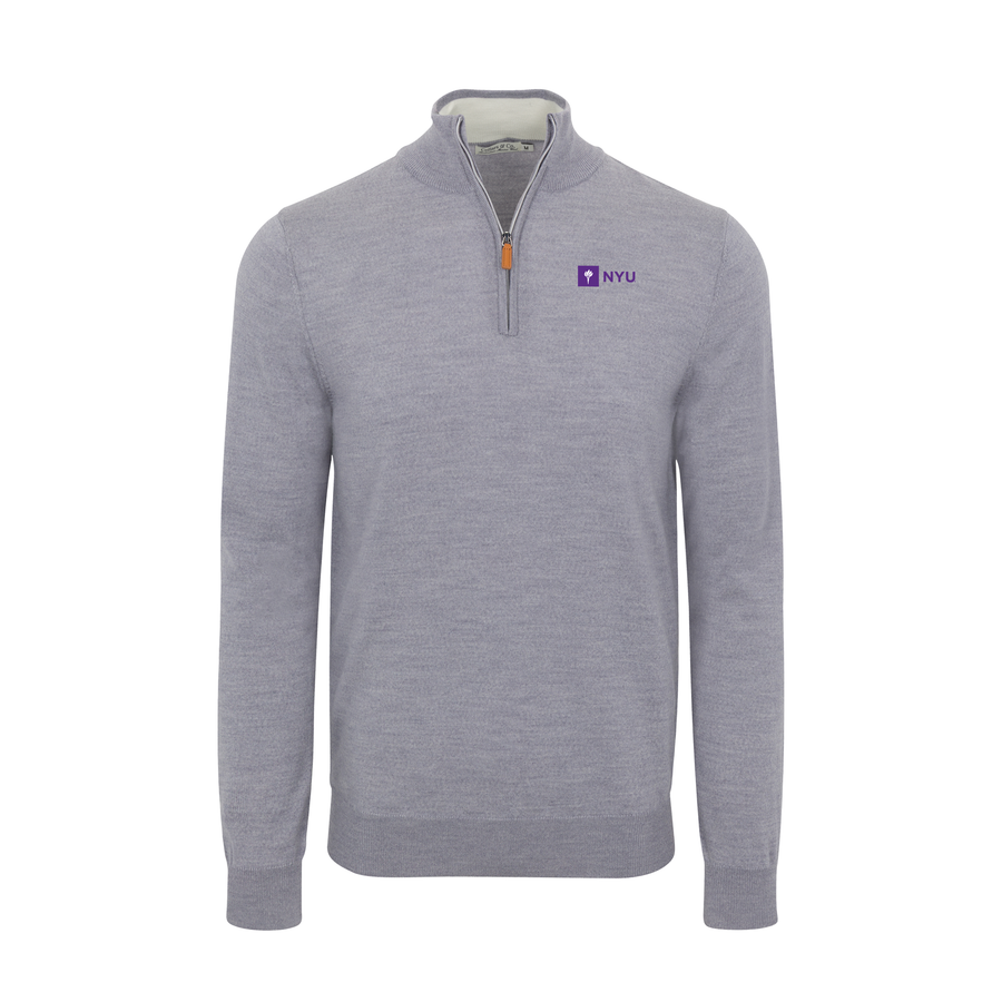 New York University Grey Melange Cashmere Touch Australian Merino Quarter Zip Sweater