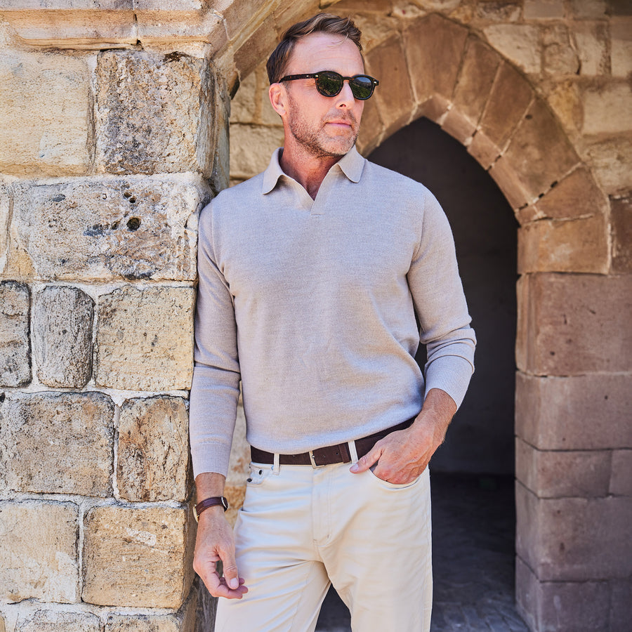 Bellagio Buttonless Long Sleeve Merino Polo Oatmeal
