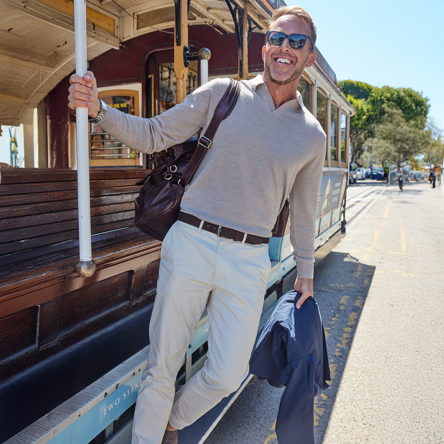 Bellagio Buttonless Long Sleeve Merino Polo Oatmeal
