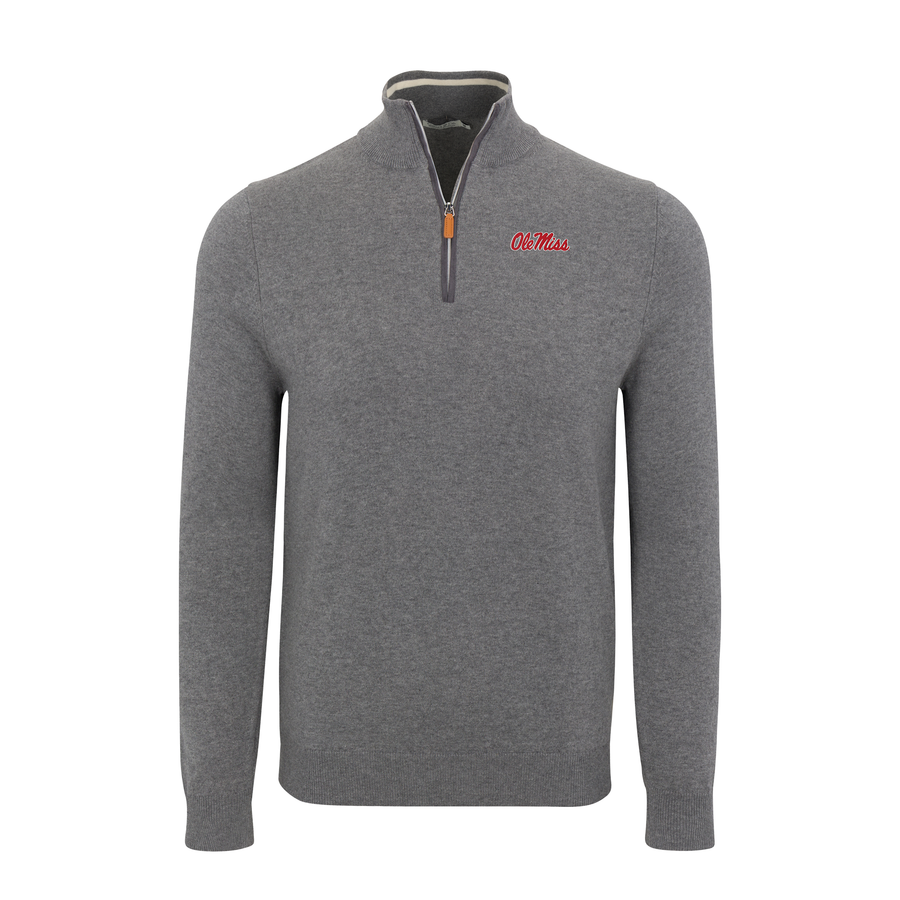 Ole Miss Grey with Grey Trim Luxury Touch Cotton and Cashmere Quarter Zip Sweater
