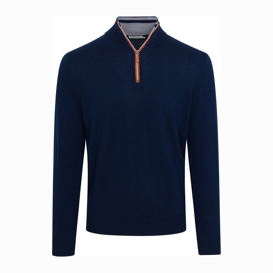 Navy with Brown Suede Trim Cashmere Touch Australian Merino Quarter Zip Sweater