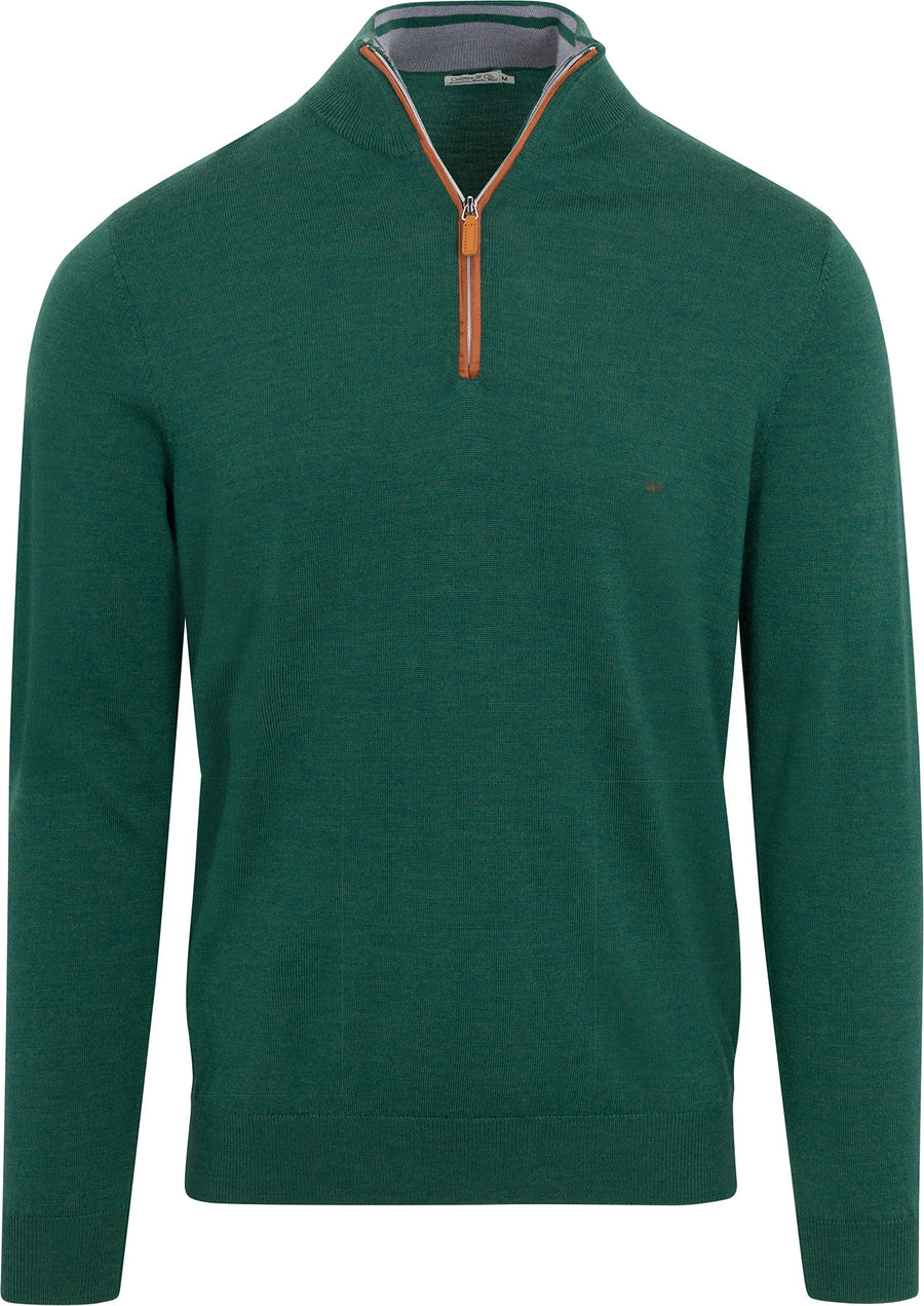 Hunter Green with Brown Suede Trim Cashmere Touch Australian Merino Quarter Zip Sweater