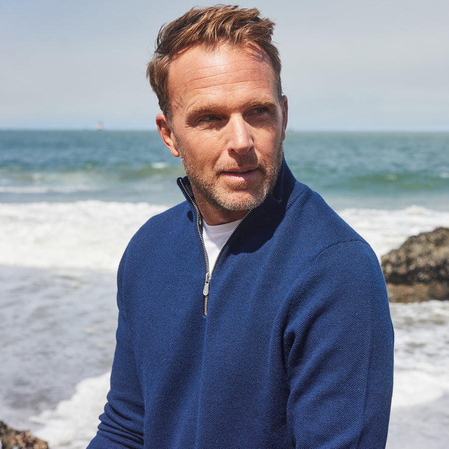 Napoli Wool Pique Pocket Quarter Zip Sweater Navy