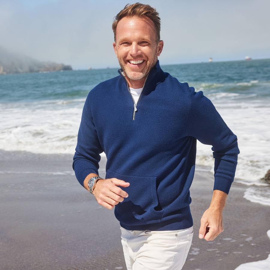 Napoli Wool Pique Pocket Quarter Zip Sweater Navy