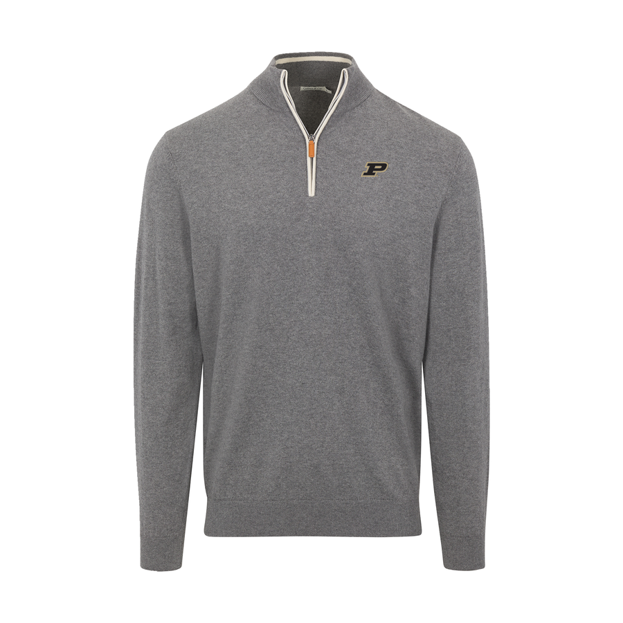 Purdue Grey with White Trim Luxury Touch Cotton and Cashmere Quarter Zip Sweater