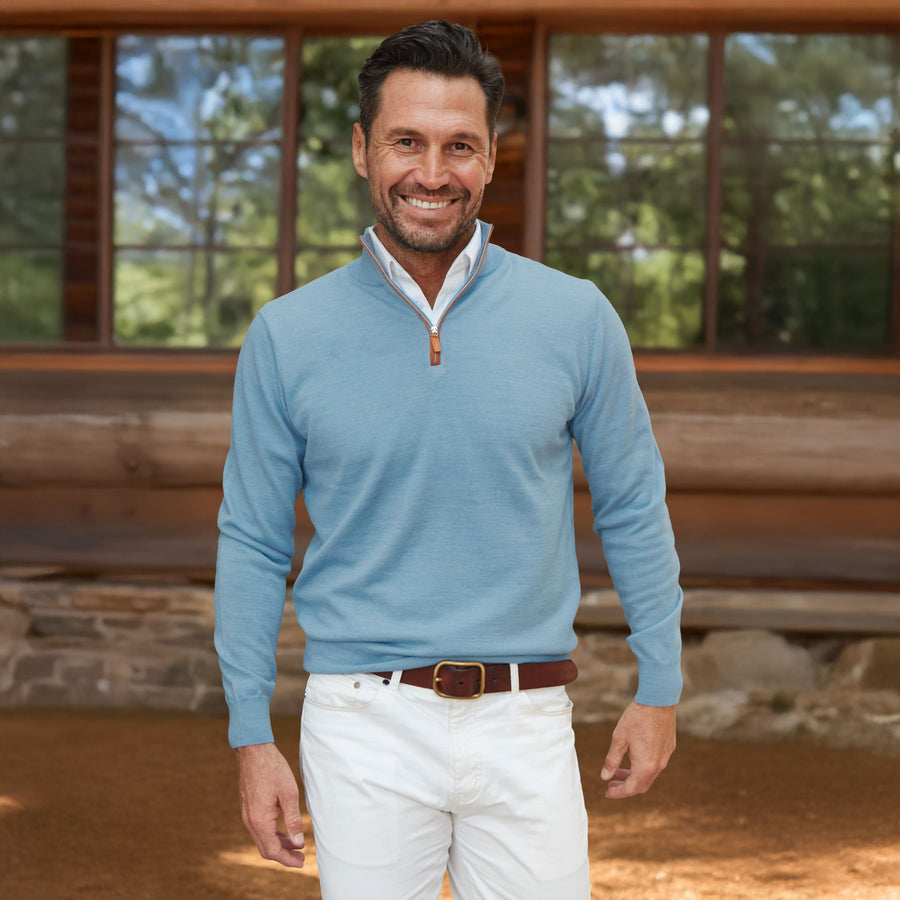 Cashmere Touch Australian Merino Quarter Zip Blue Melange with Brown Suede Trim