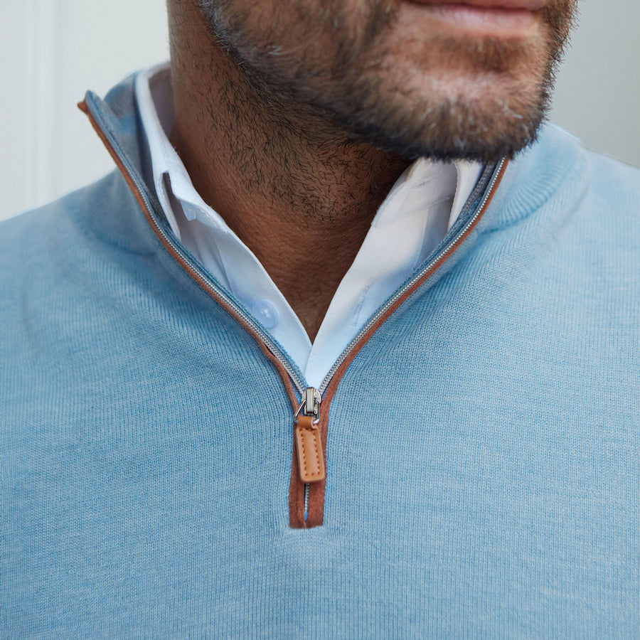 Cashmere Touch Australian Merino Quarter Zip Blue Melange with Brown Suede Trim