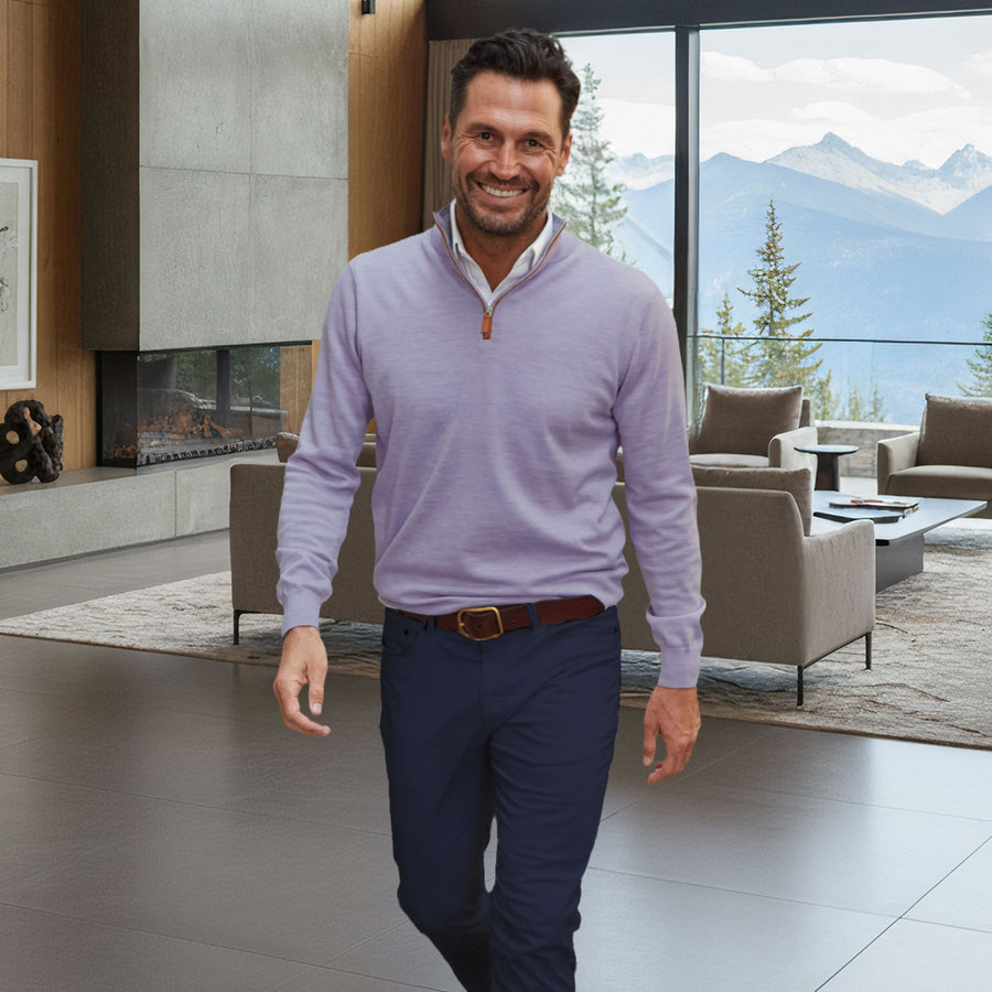 Cashmere Touch Australian Merino Quarter Zip Lavender with Brown Suede Trim