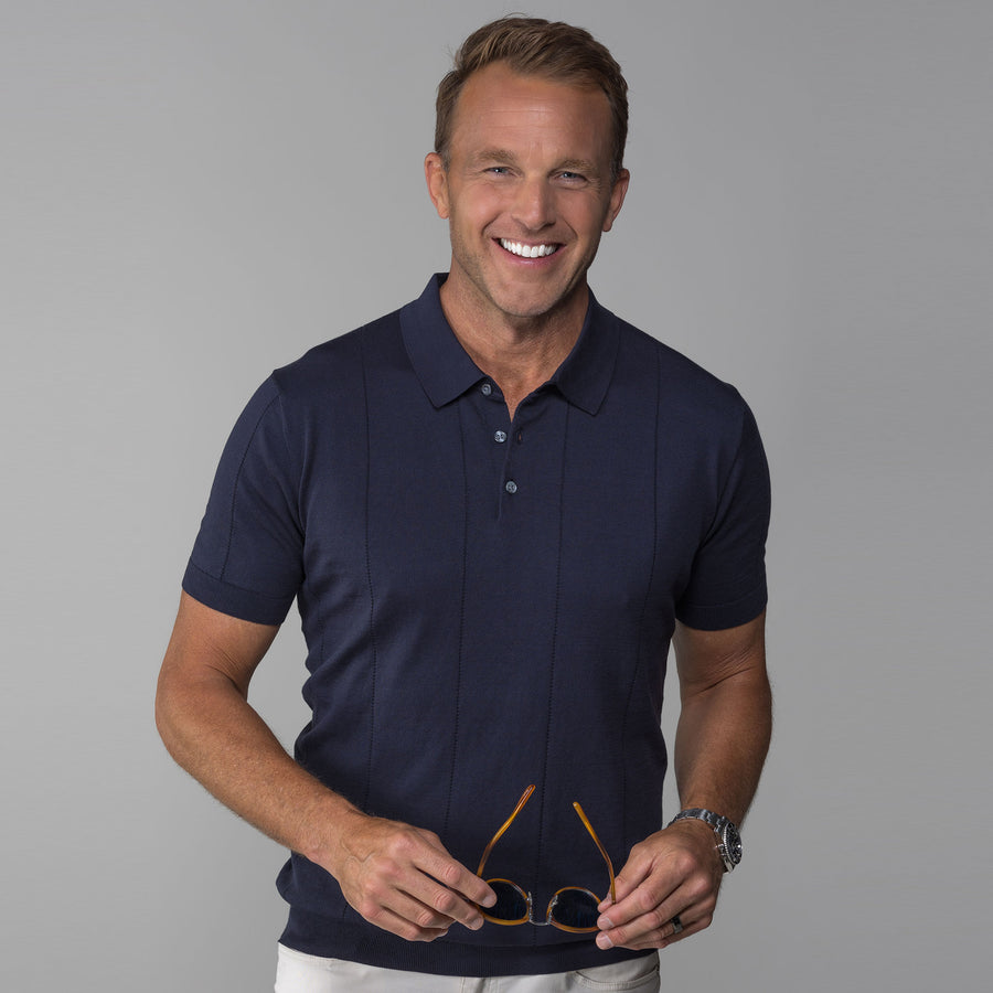 The Maranello Cotton & Silk Retro Stripe Polo Navy - Tailored Fit