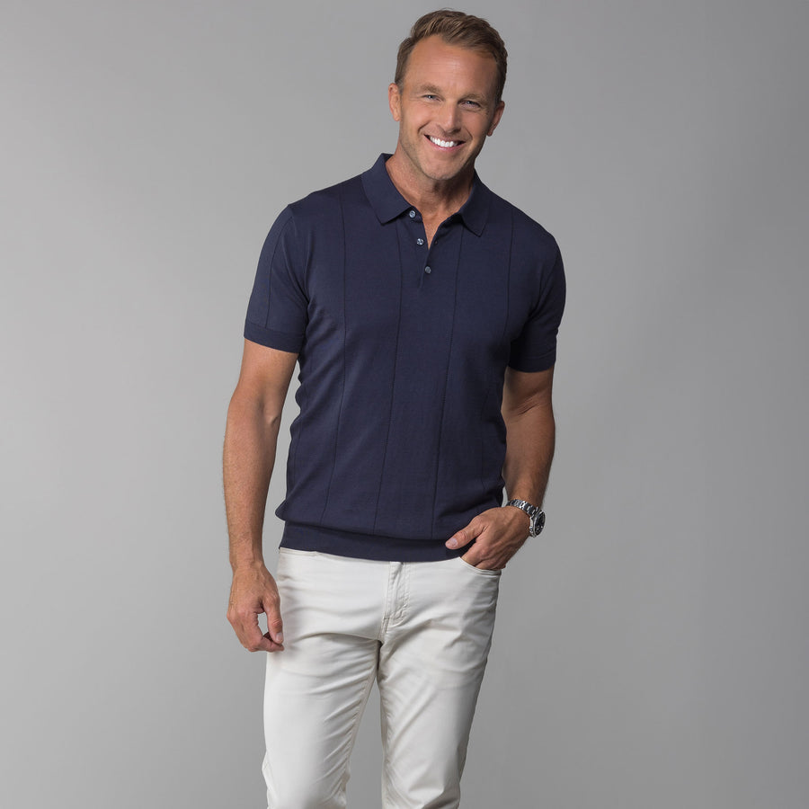 The Maranello Cotton & Silk Retro Stripe Polo Navy - Tailored Fit