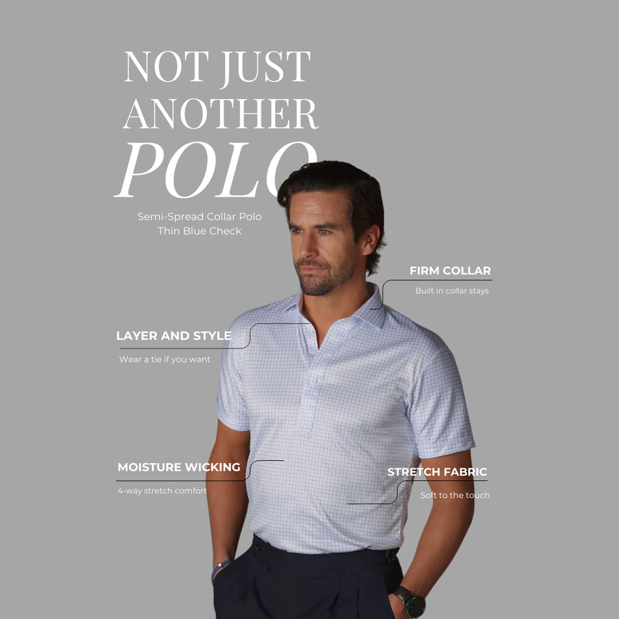 Semi-Spread Collar Polo Thin Blue Check