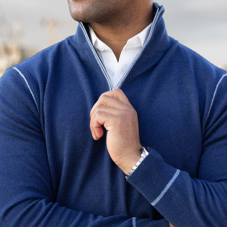 Napoli Accent Quarter Zip Wool & Cashmere Sweater Navy