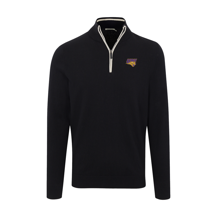 Northern Iowa Black with White Trim Luxury Touch Cotton and Cashmere Quarter Zip Sweater
