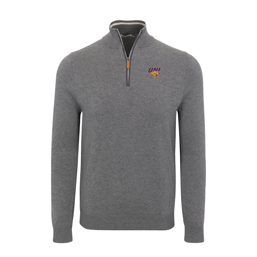 Northern Iowa Grey with Grey Trim Luxury Touch Cotton and Cashmere Quarter Zip Sweater