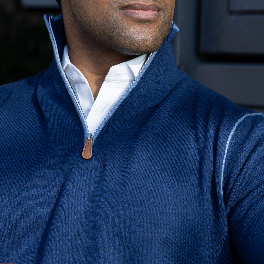 Napoli Accent Quarter Zip Wool & Cashmere Sweater Navy