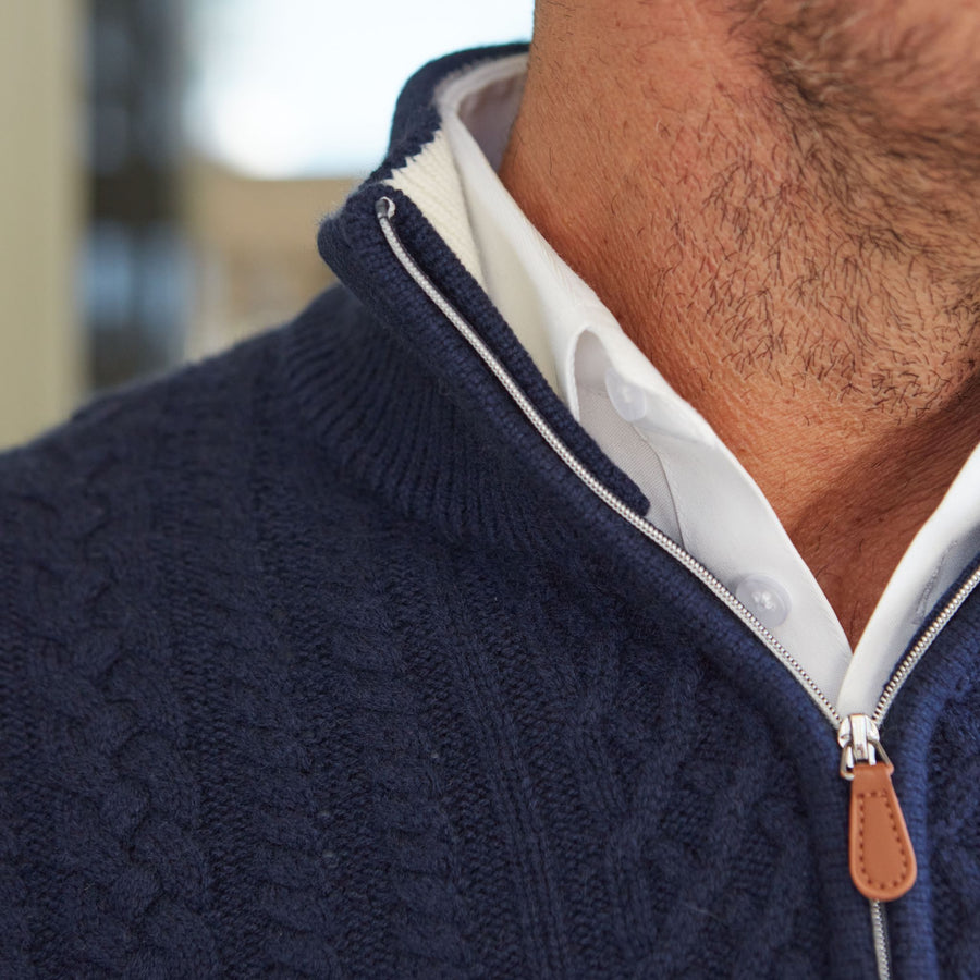 Napoli Cable Knit Quarter Zip Wool & Cashmere Sweater Navy