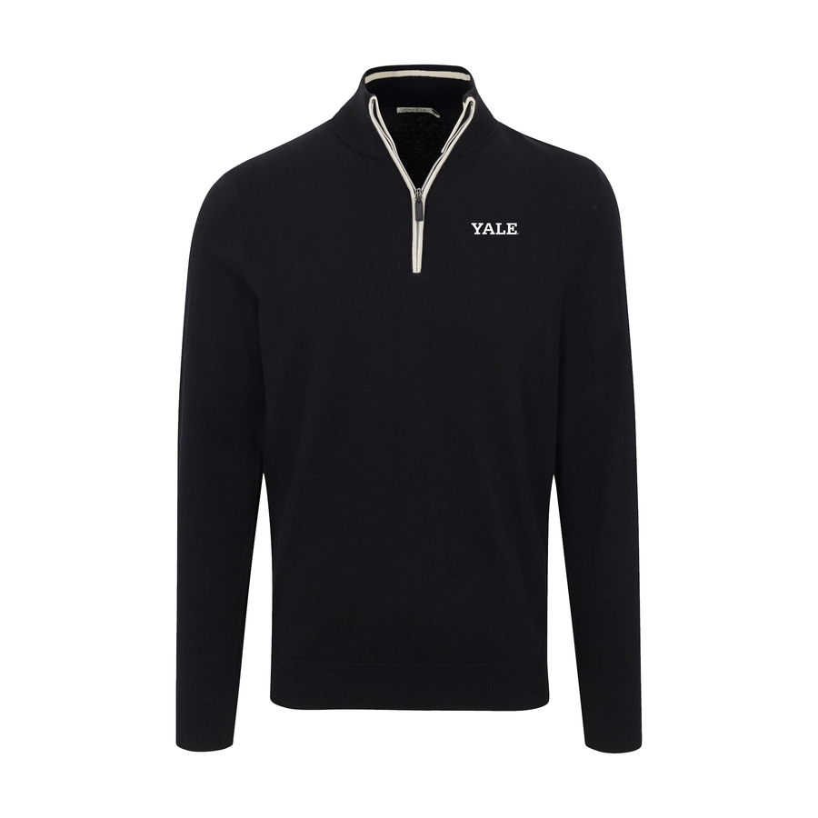Yale Black with White Trim Luxury Touch Cotton and Cashmere Quarter Zip Sweater