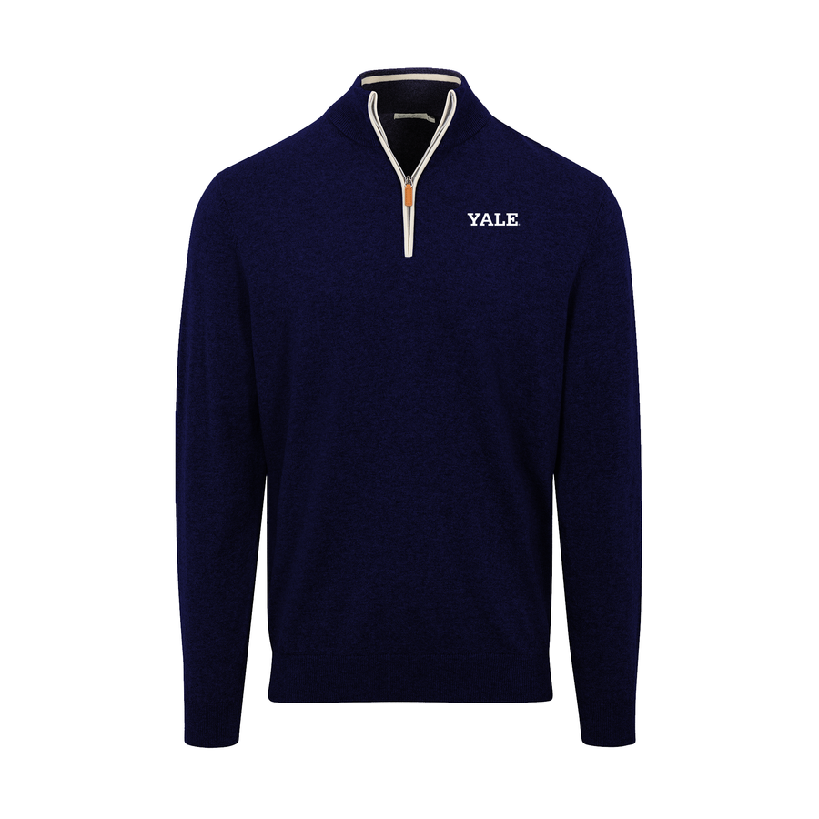 Yale Navy with White Trim Luxury Touch Cotton and Cashmere Quarter Zip Sweater