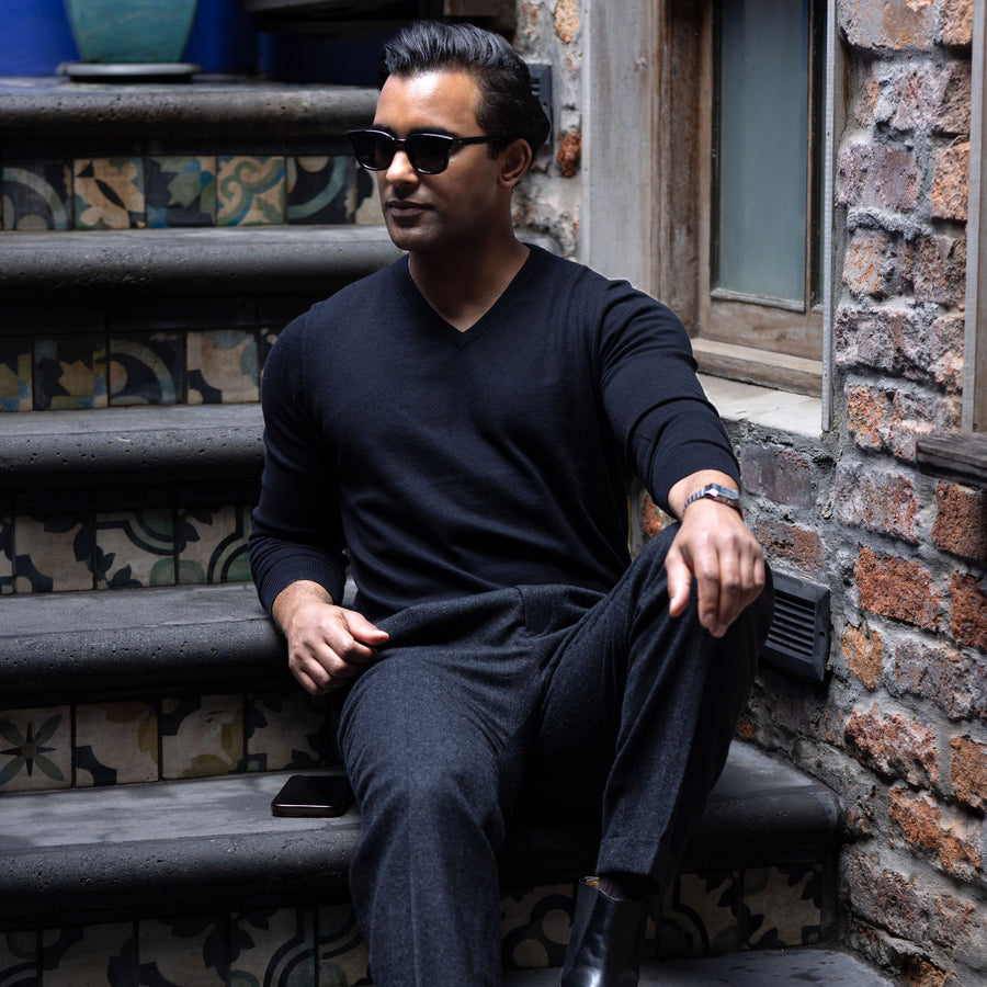 Black Luxury Touch Cotton and Cashmere V-Neck Sweater