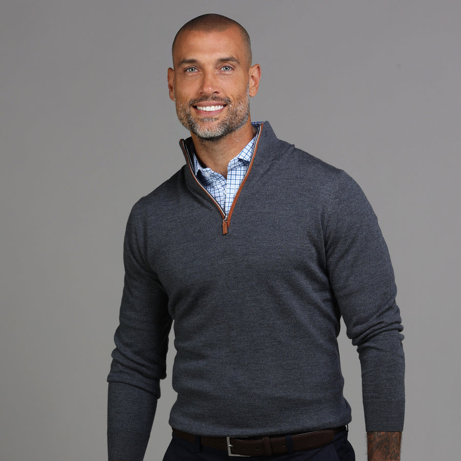 Collars & Co. Charcoal with Brown Suede Trim Cashmere Touch Australian Merino Quarter Zip Sweater XL