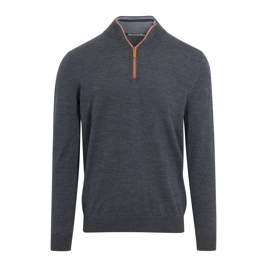 Charcoal with Brown Suede Trim Cashmere Touch Australian Merino Quarter Zip Sweater