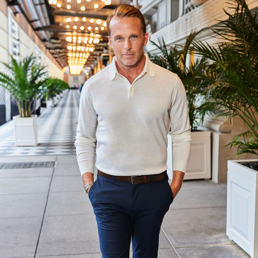 Bellagio Three Button Long Sleeve Merino Polo Cream