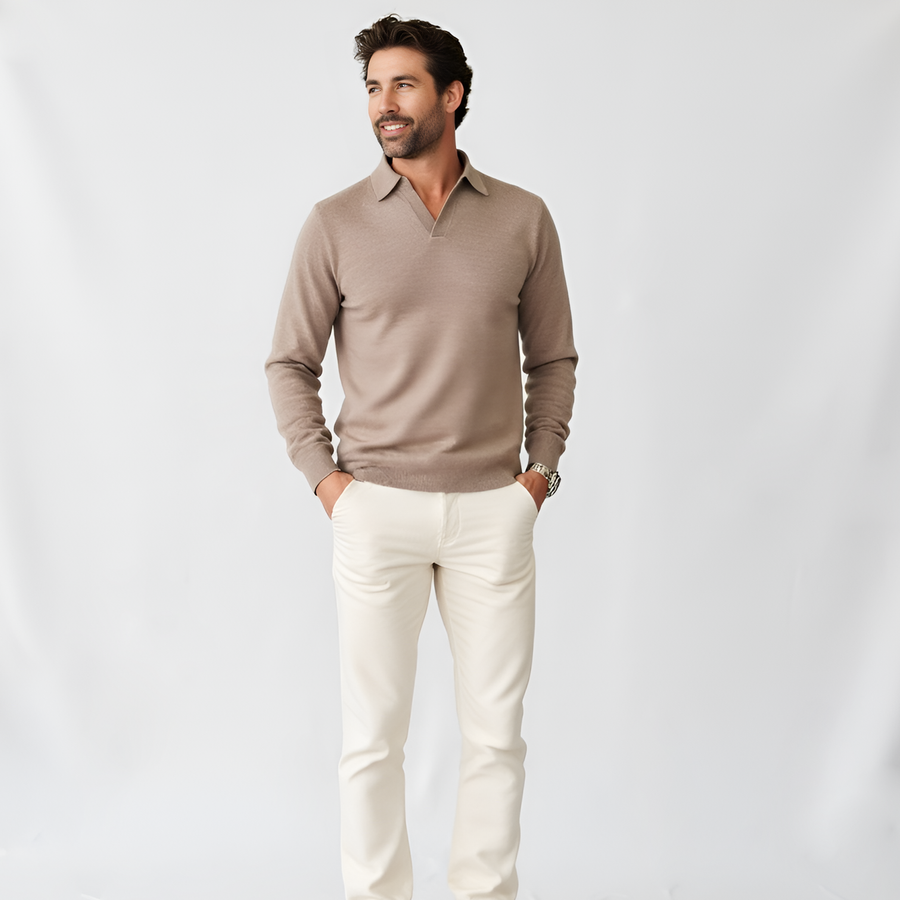 Bellagio Buttonless Long Sleeve Merino Polo Oatmeal