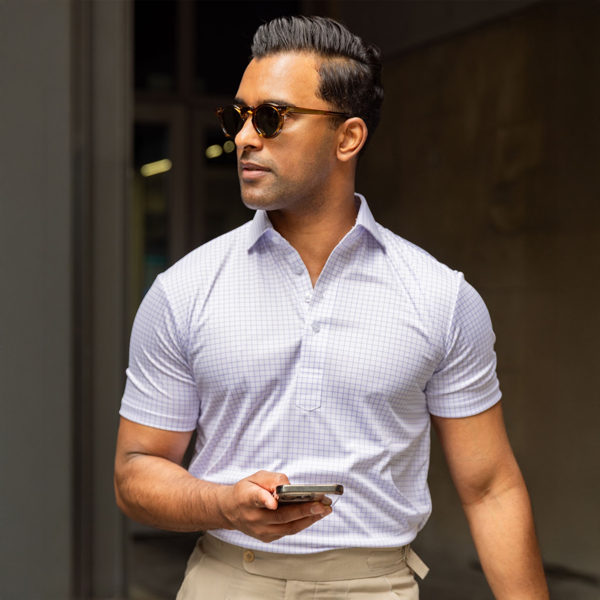 Semi-Spread Collar Polo Thin Lavender Check