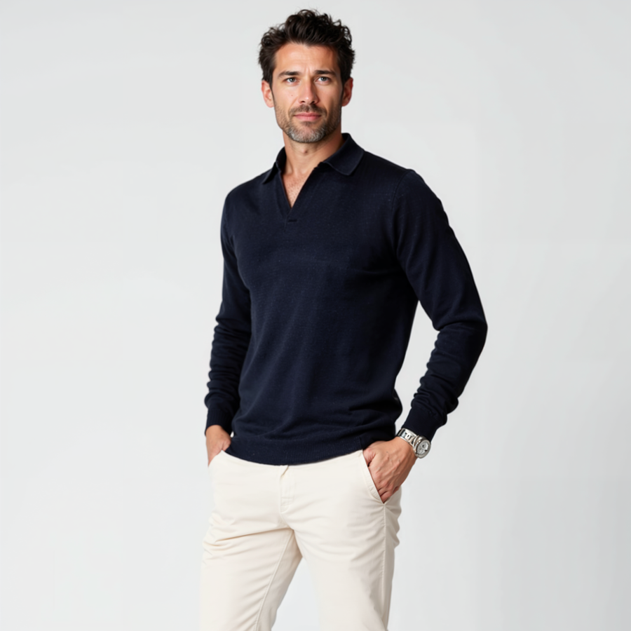 Bellagio Buttonless Long Sleeve Merino Polo Navy