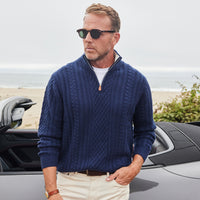 Napoli Cable Knit Quarter Zip Wool & Cashmere Sweater Navy