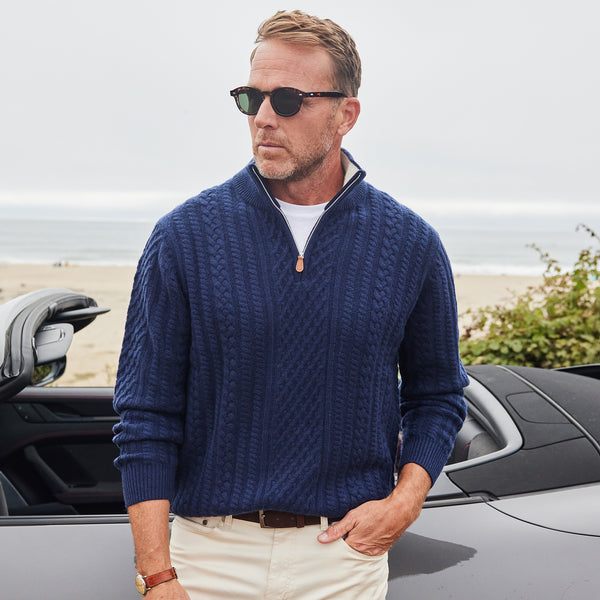 Napoli Cable Knit Quarter Zip Wool & Cashmere Sweater Navy