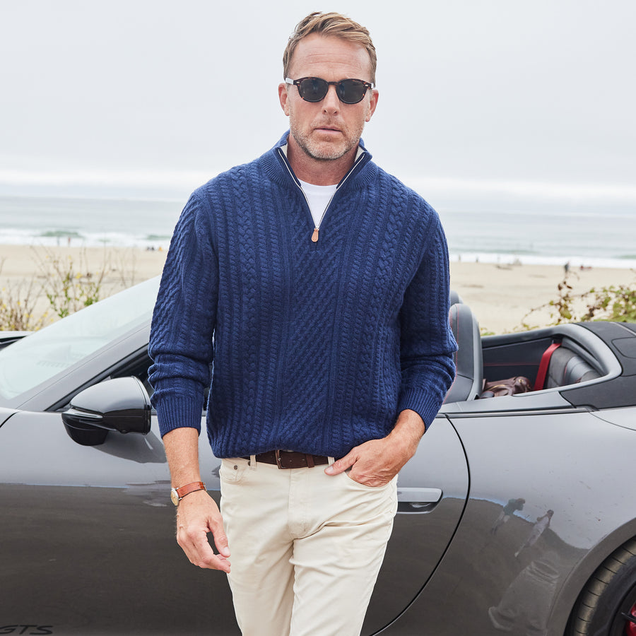 Napoli Cable Knit Quarter Zip Wool & Cashmere Sweater Navy