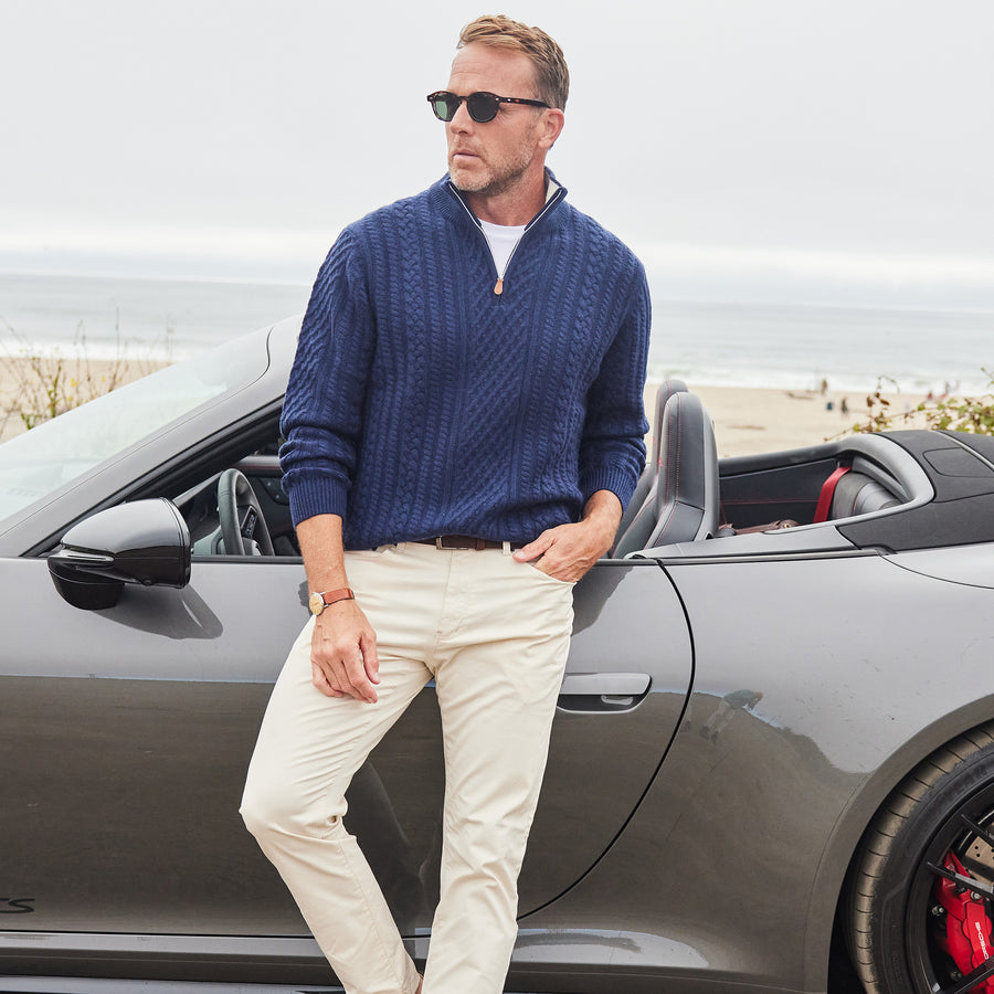 Napoli Cable Knit Quarter Zip Wool & Cashmere Sweater Navy