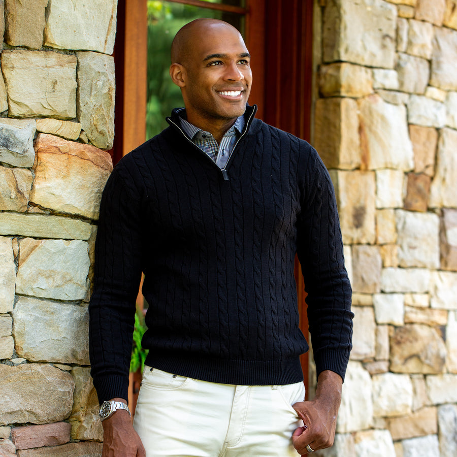 Black Kensington Cable Knit Quarter Zip Sweater – Collars & Co