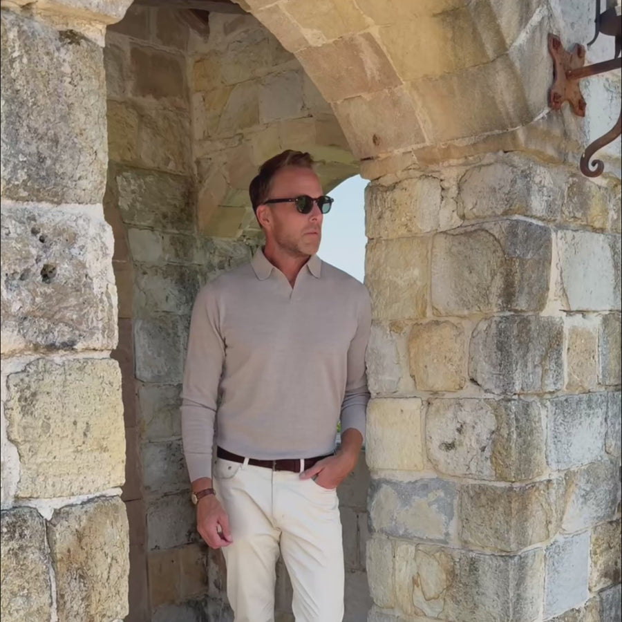 Bellagio Buttonless Long Sleeve Merino Polo Oatmeal