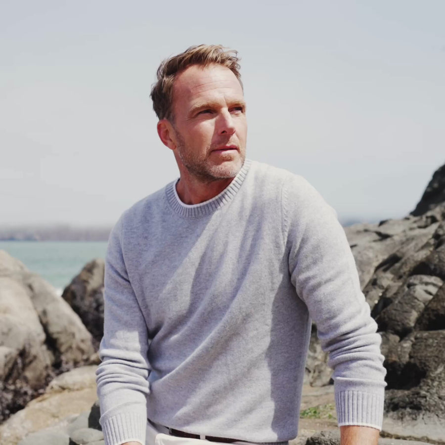 Napoli Crew Neck Wool & Cashmere Sweater Grey with Ivory Trim