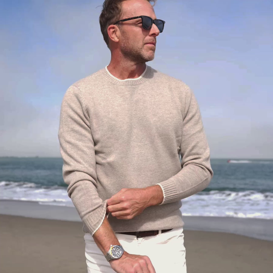 Napoli Crew Neck Wool & Cashmere Sweater Sand with Ivory Trim