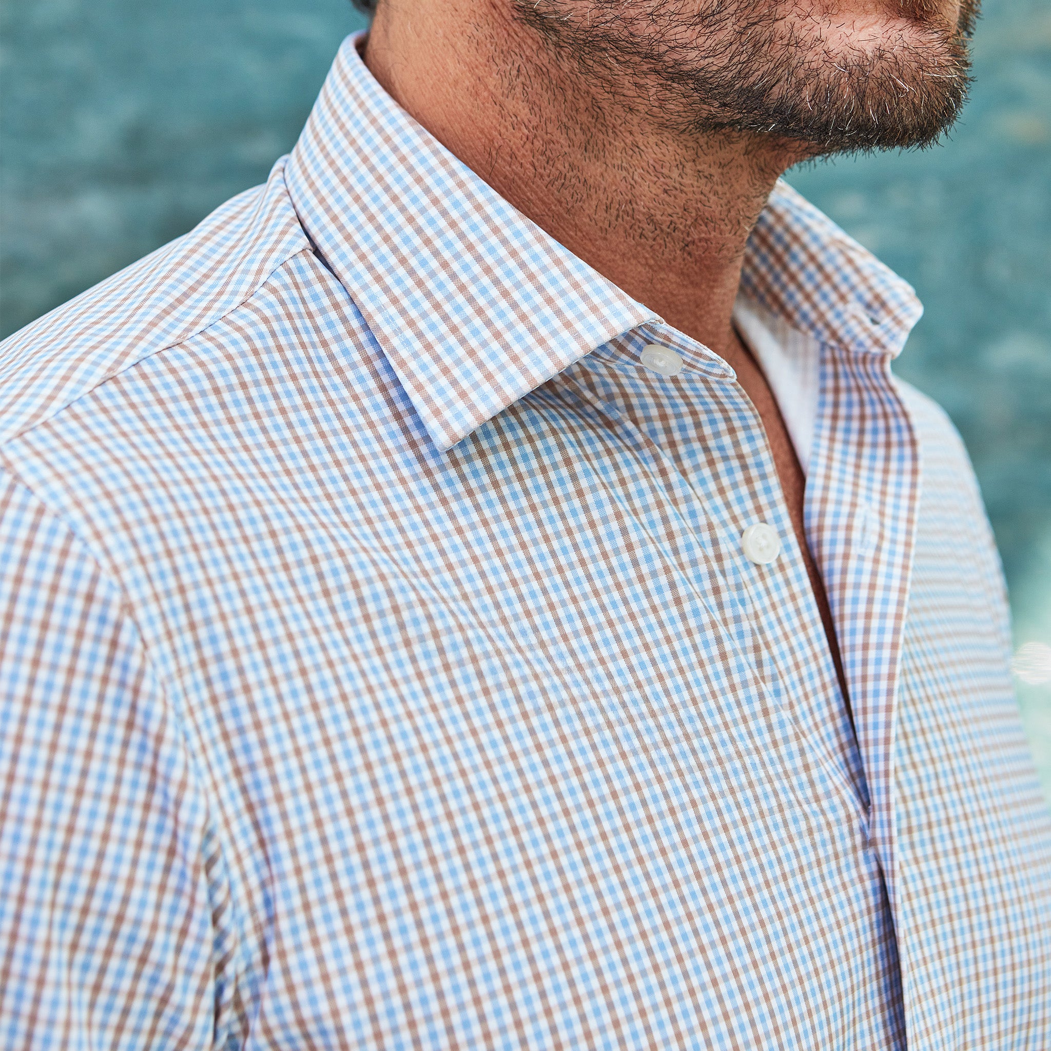 Apex Performance Dress Shirt Semi-Spread Collar Tan and Blue Tattersal