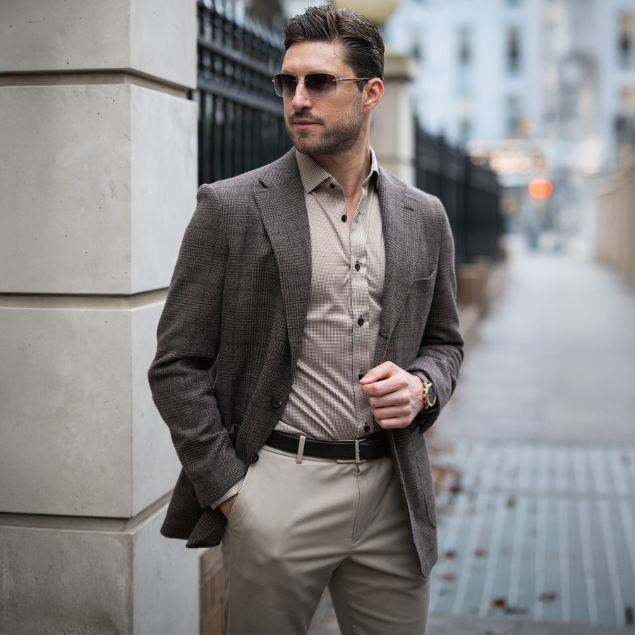 Quattro Flex Dress Shirt with Semi-Spread Collar Brown Houndstooth Quattro Flex Dress Shirt with Semi-Spread Collar Brown Houndstooth