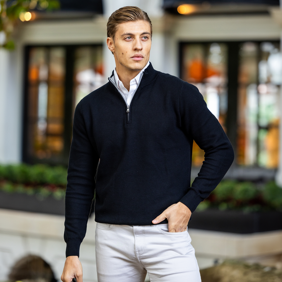 Black Vineyard Waffle Knit Quarter Zip Sweater