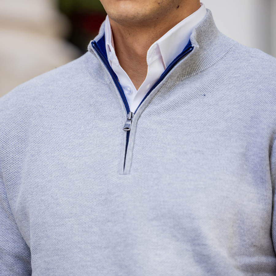 Grey Vineyard Waffle Knit Quarter Zip Sweater