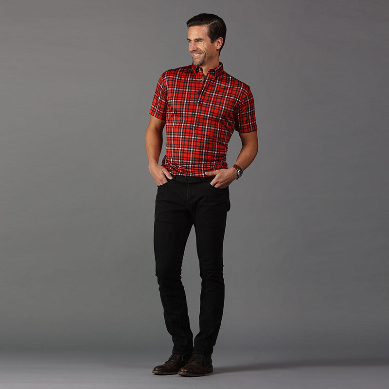 Oxford Button Down Collar Polo Red and Black Plaid