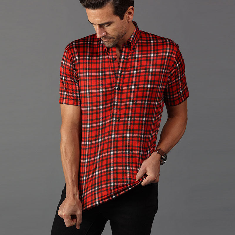 Oxford Button Down Collar Polo Red and Black Plaid