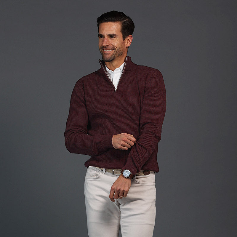 Sequoia Burgundy Quarter Zip Ribbed Cotton Sweater