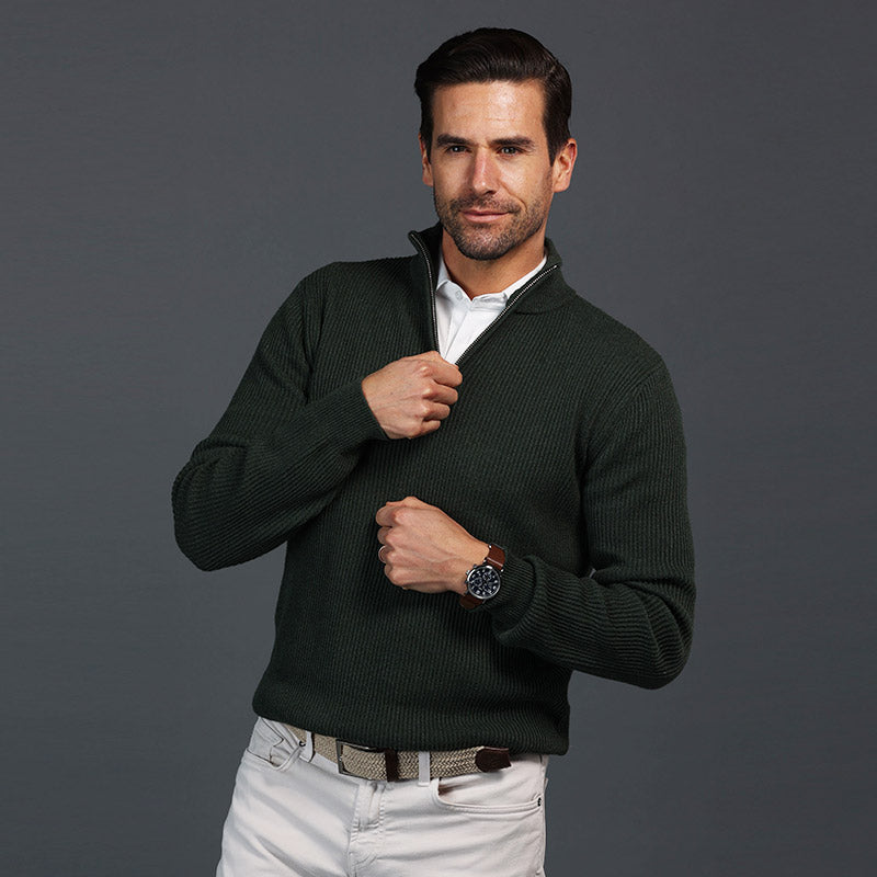 Sequoia Olive Green Quarter Zip Ribbed Cotton Sweater